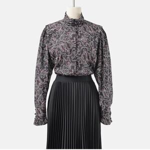 Vintage 80s Black Bow Print Blouse High Neck Puff Sleeve Button Up Silky Top M L